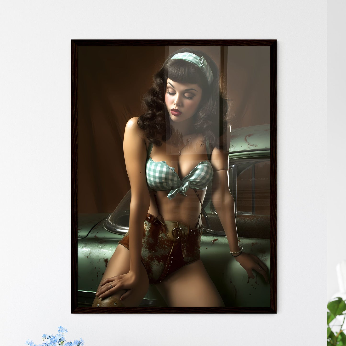 The vintage pin up girl leaning on a car - A - Framed Art Print