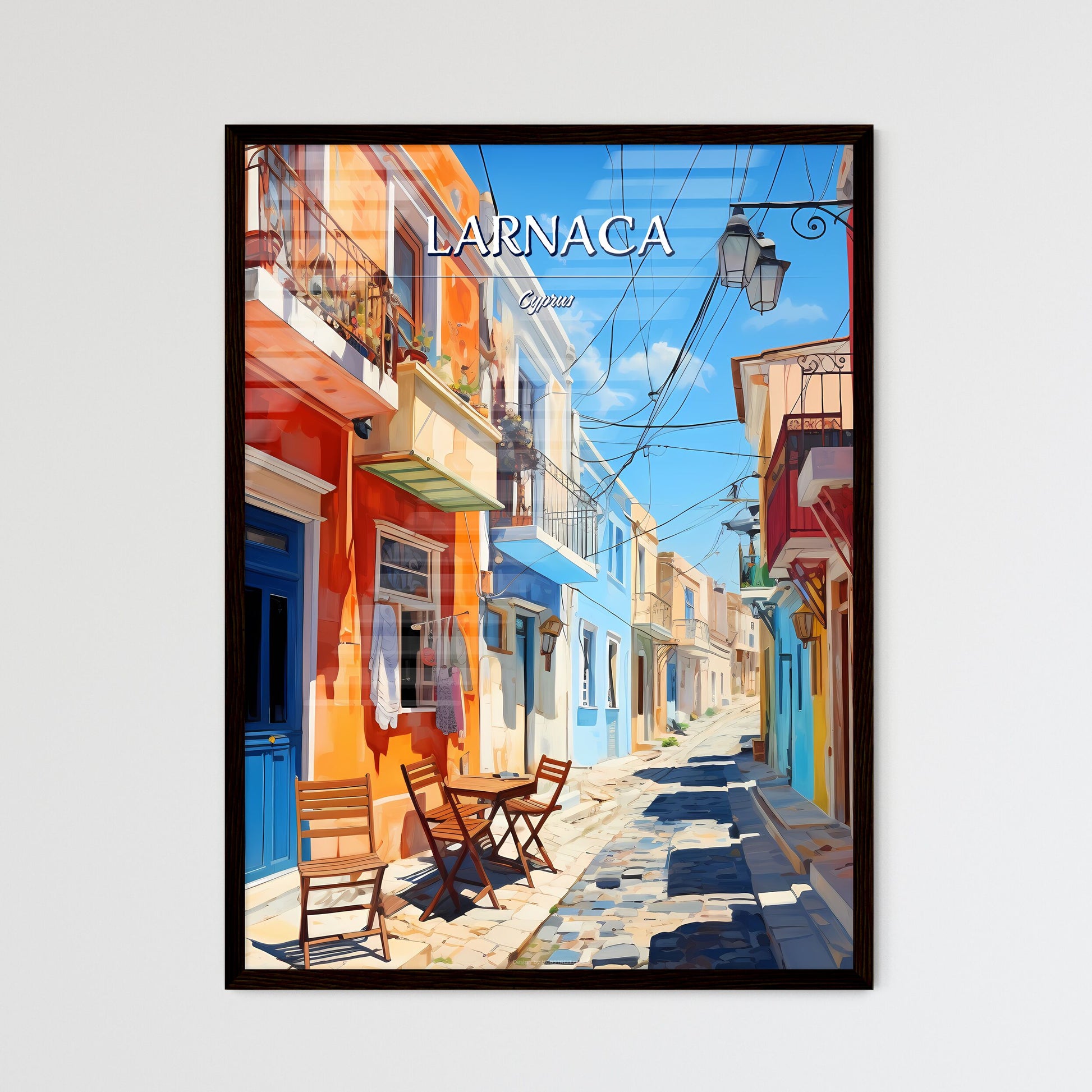 Larnaca, Cyprus - Art print of a street with tables and chairs in a city Framed Art