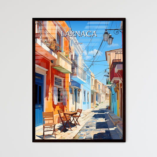 Larnaca, Cyprus - Art print of a street with tables and chairs in a city Framed Art