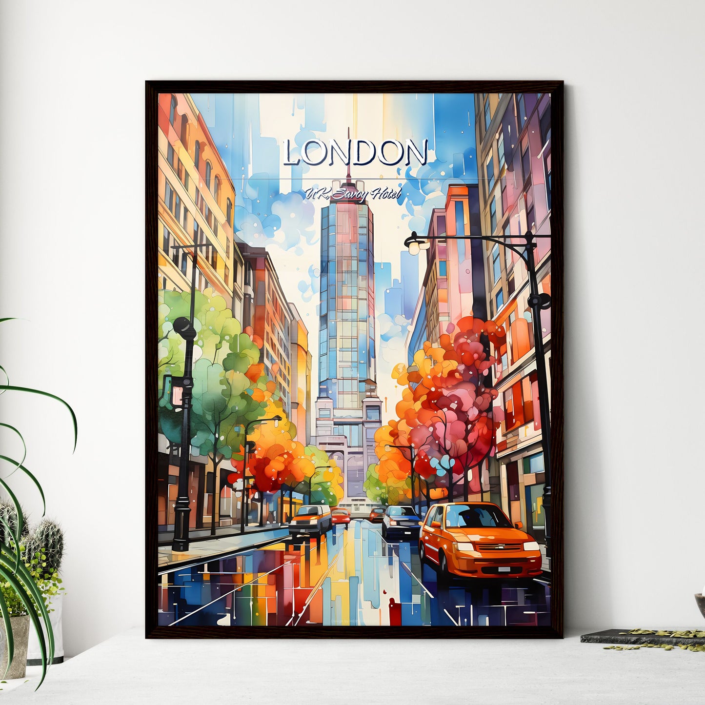 London, UK, Savoy Hotel - Art print of a street with a building and buildings Framed Art