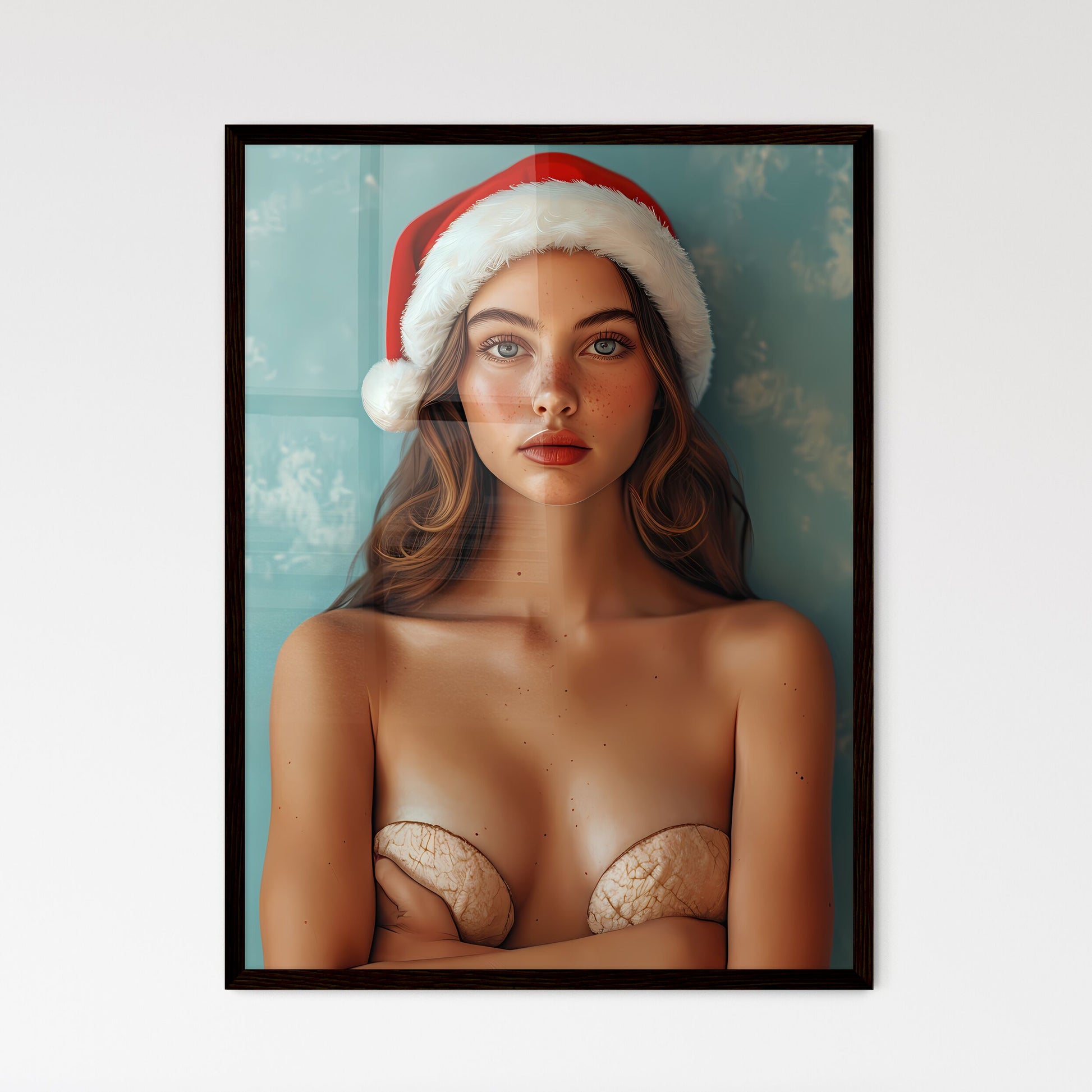 Woman wearing Santa hat - Art print of a lak - Framed Art Print