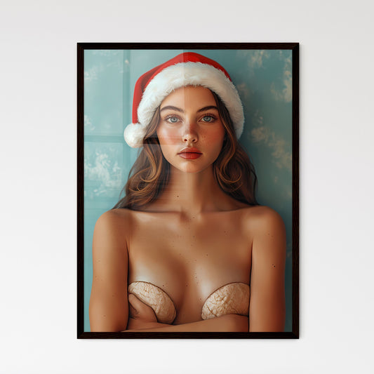 Woman wearing Santa hat - Art print of a lak - Framed Art Print