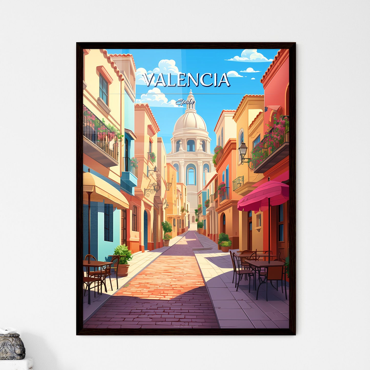 Valencia, Spain - Art print of a street with colorful buildings Framed Art
