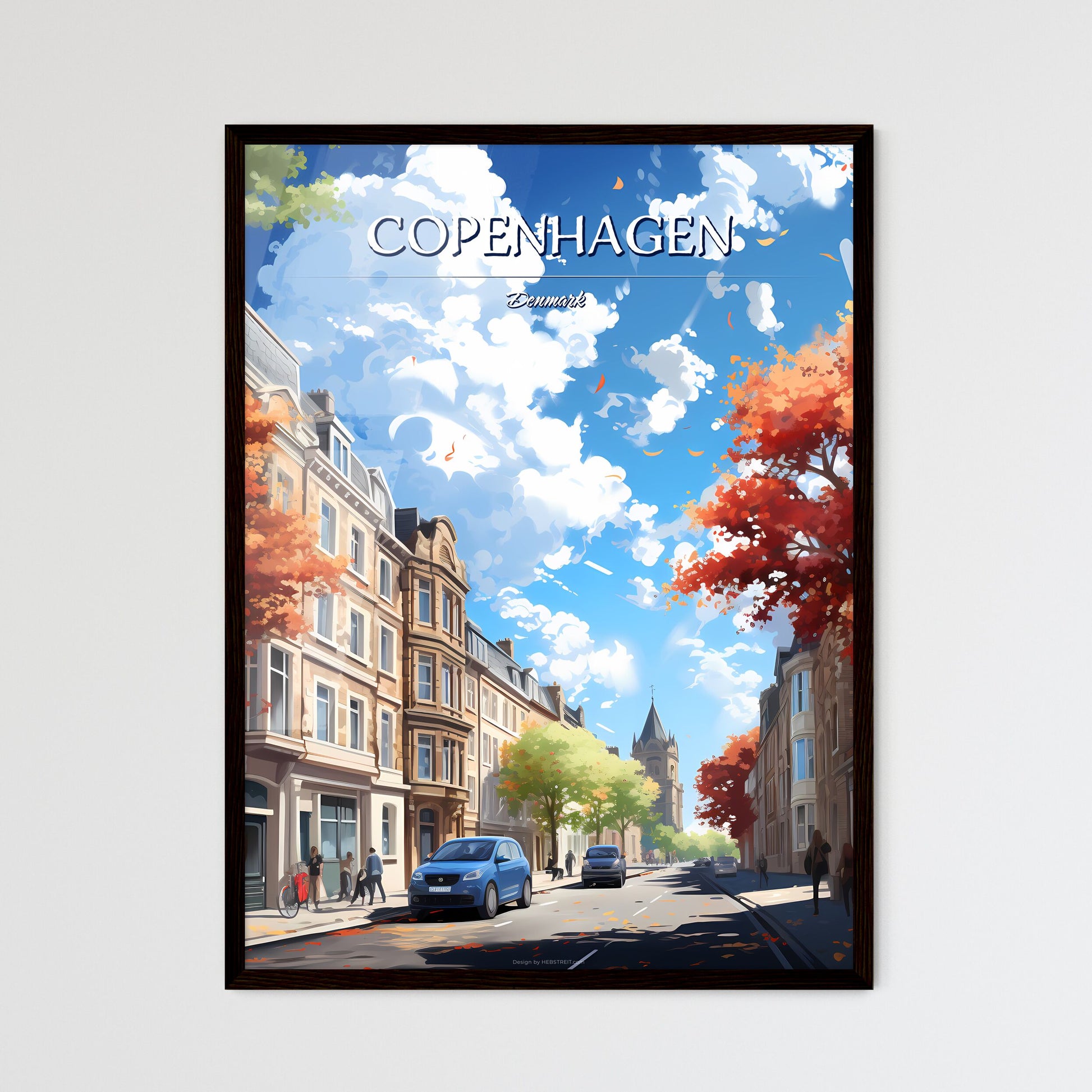Copenhagen, Denmark - Art print of a street with cars and buildings on the side Framed Art