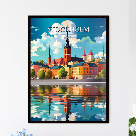Stockholm, Sweden, - Art print of a colorful city with a tower and trees and water Framed Art