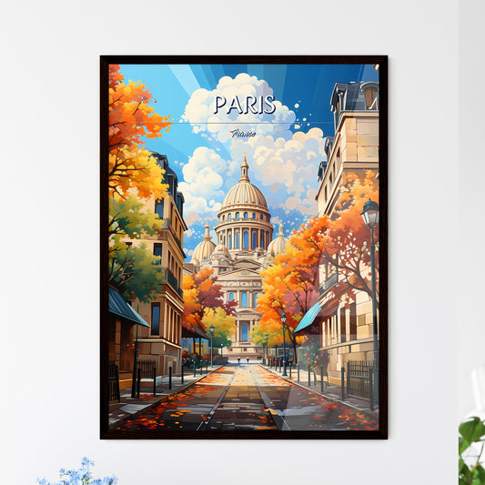Paris, France - Art print of a street with trees and a building with a dome Framed Art