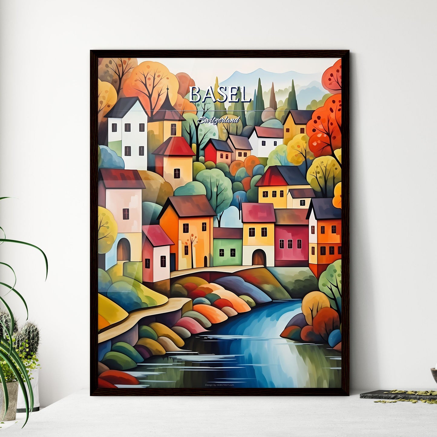 Basel, Switzerland - Art print of a painting of a colorful town by a river Framed Art