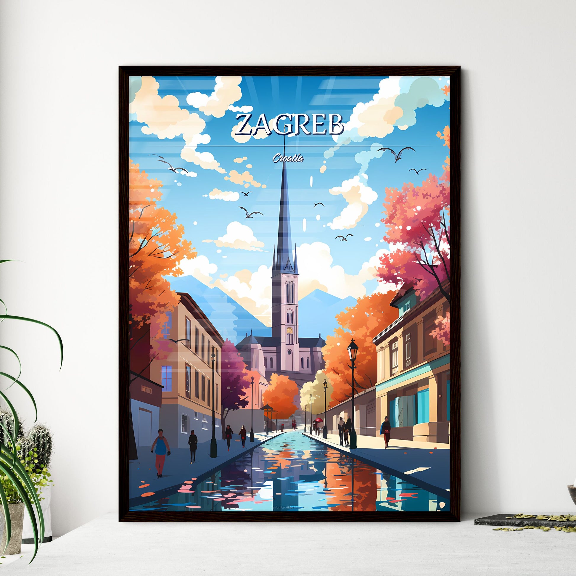 Zagreb, Croatia - Art print of a street with a church and trees Framed Art