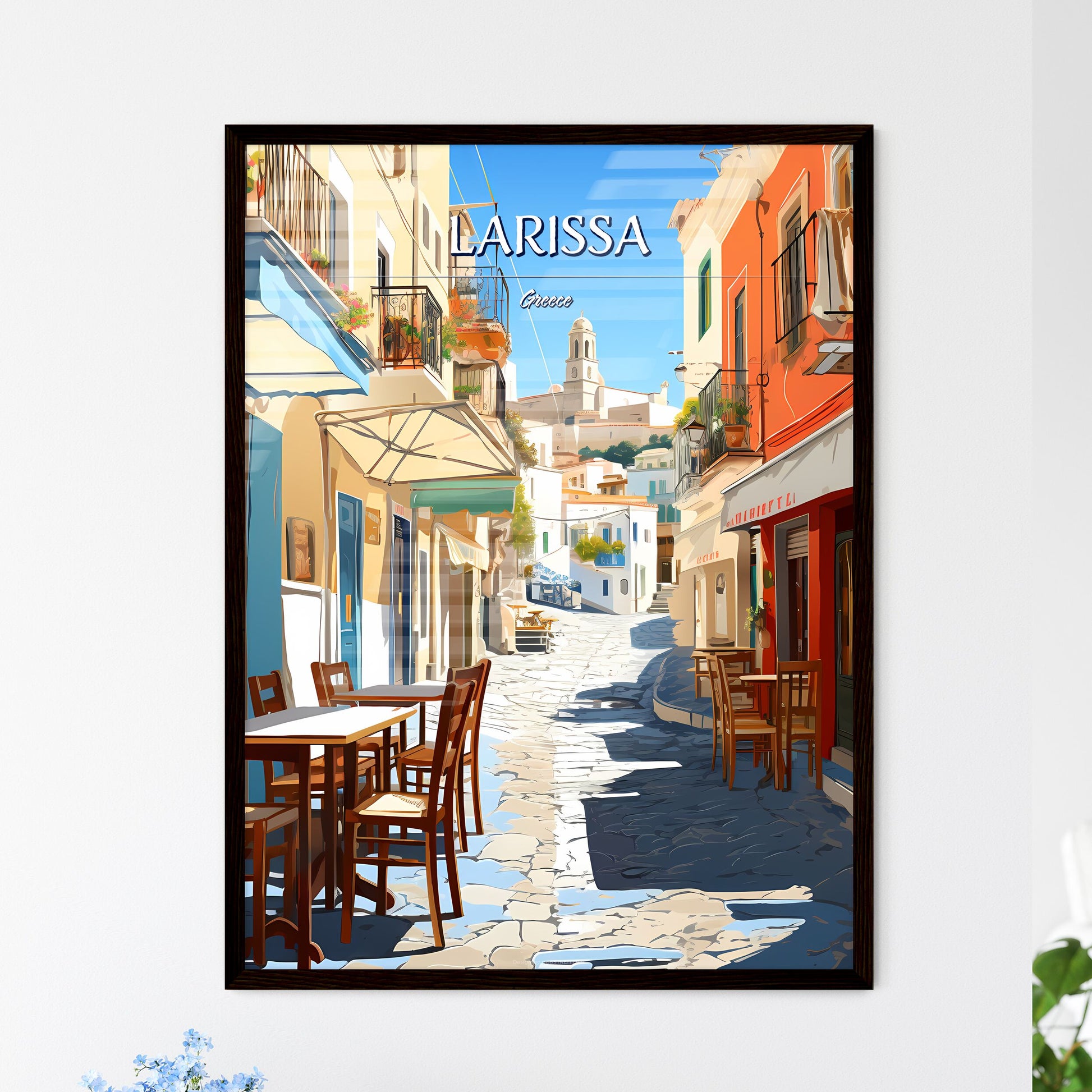 Larissa, Greece - Art print of a street with tables and chairs in a small town Framed Art