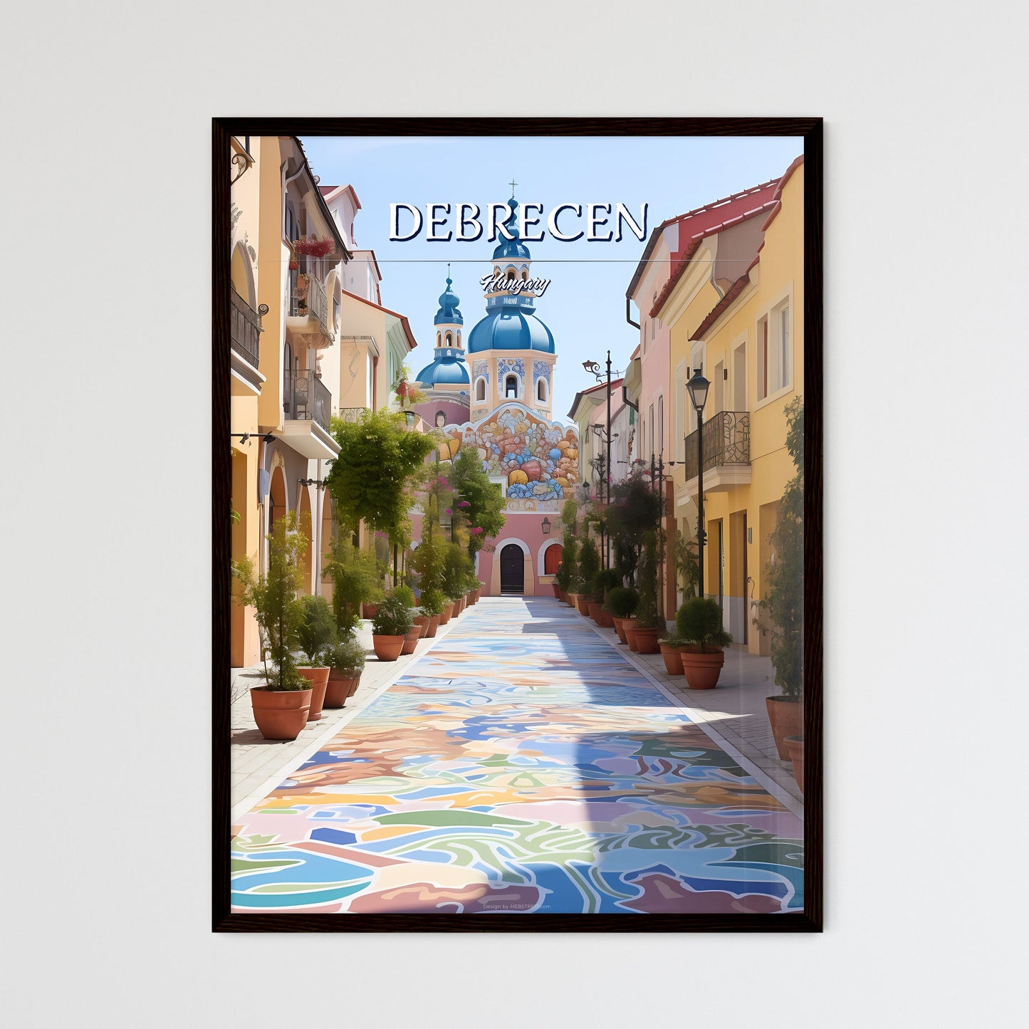 Debrecen, Hungary - Art print of a colorful alley with a building and trees Framed Art