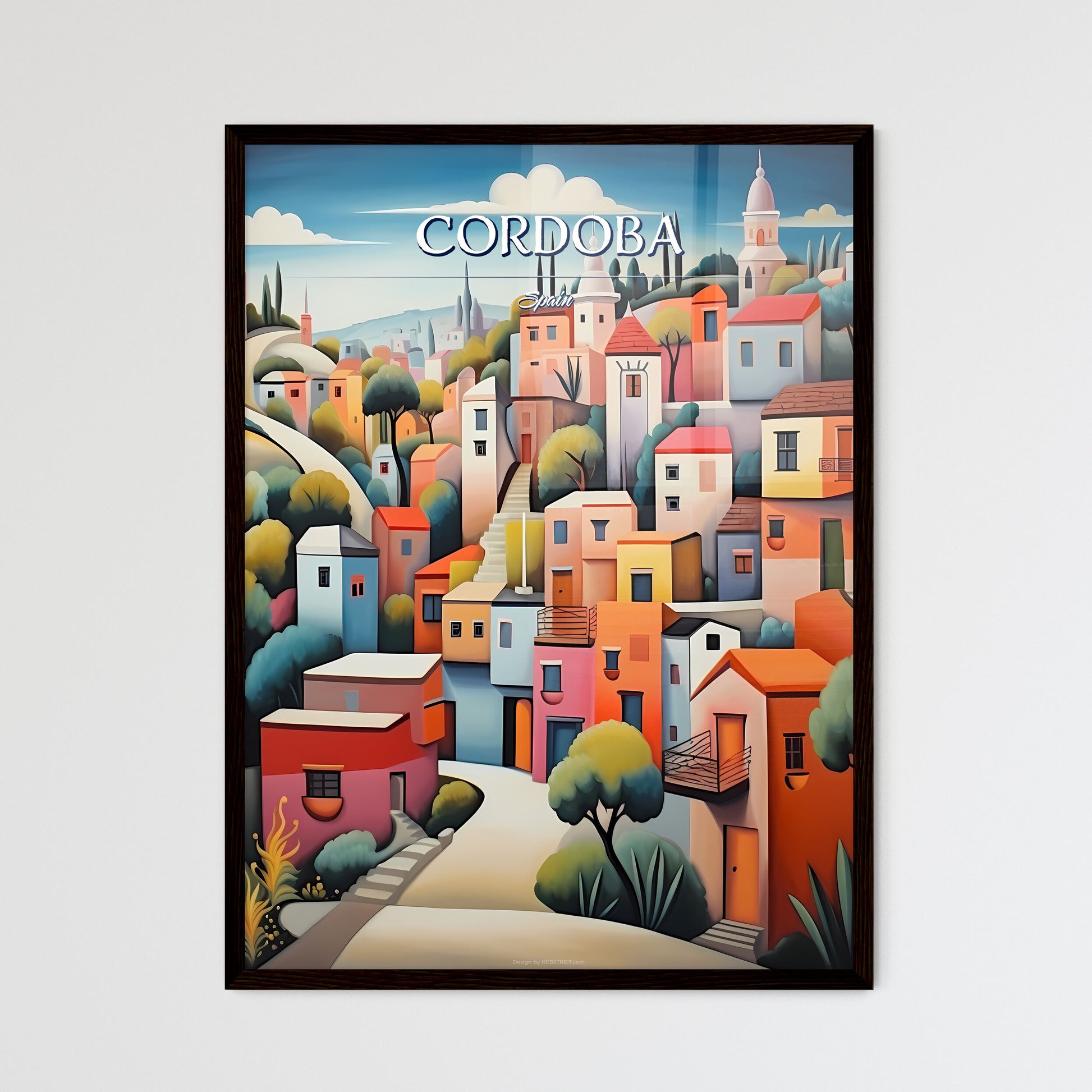 Cordoba, Spain - Art print of a painting of a colorful town Framed Art