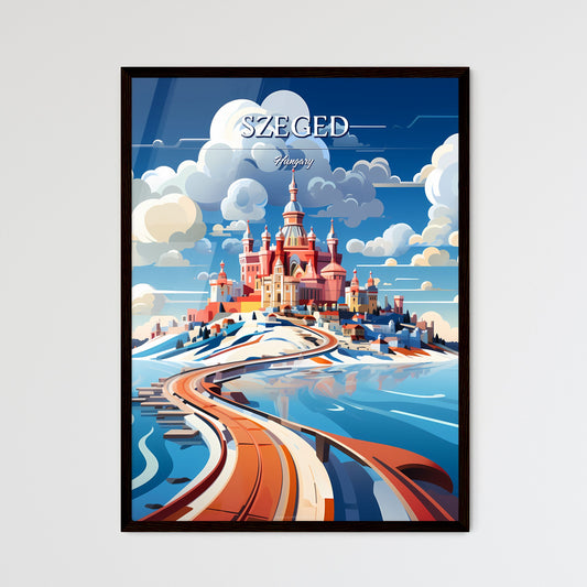 Szeged, Hungary - Art print of a castle on a hill with water and clouds Framed Art