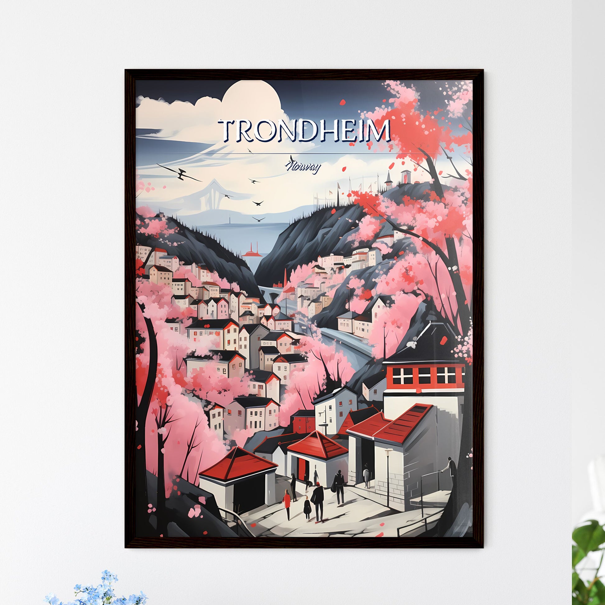 Trondheim, Norway - Art print of a painting of a town with pink trees and mountains Framed Art