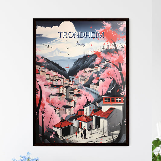 Trondheim, Norway - Art print of a painting of a town with pink trees and mountains Framed Art