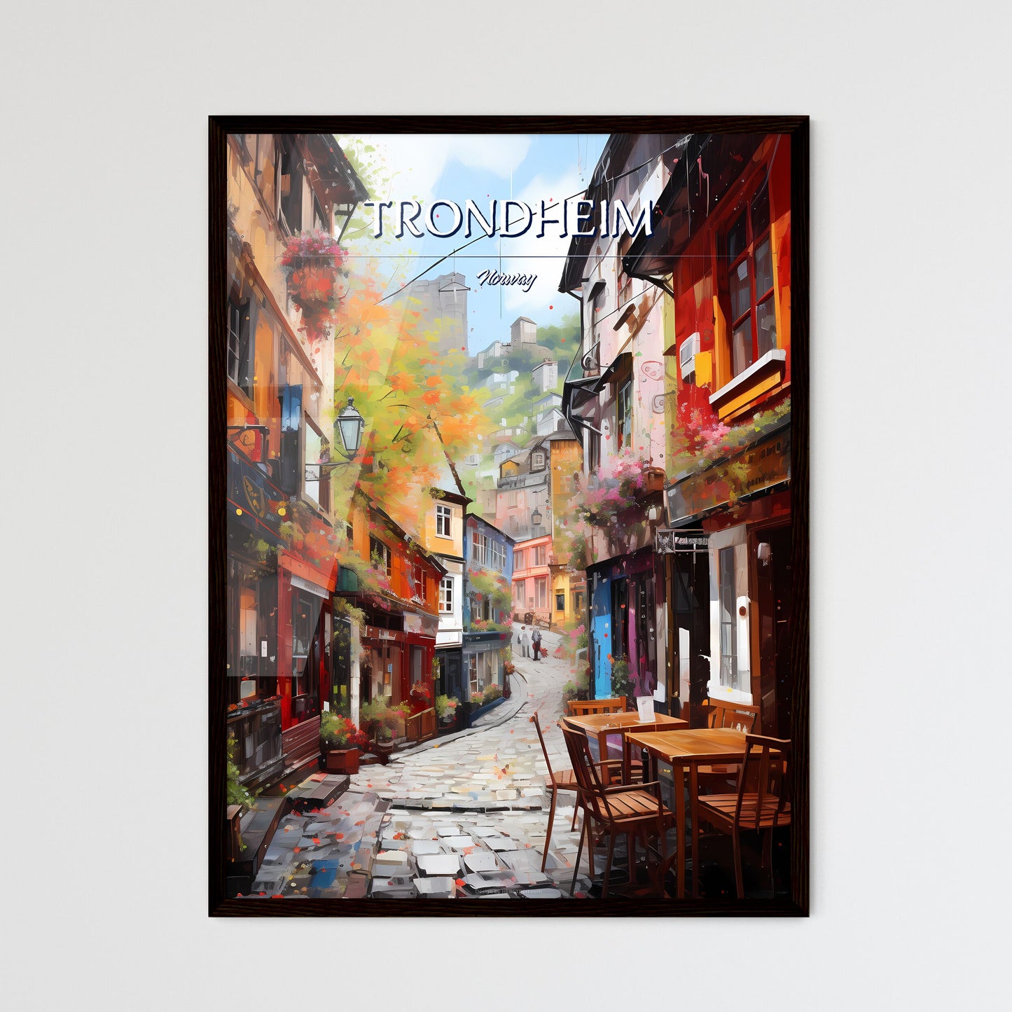 Trondheim, Norway - Art print of a street with tables and chairs in a city Framed Art