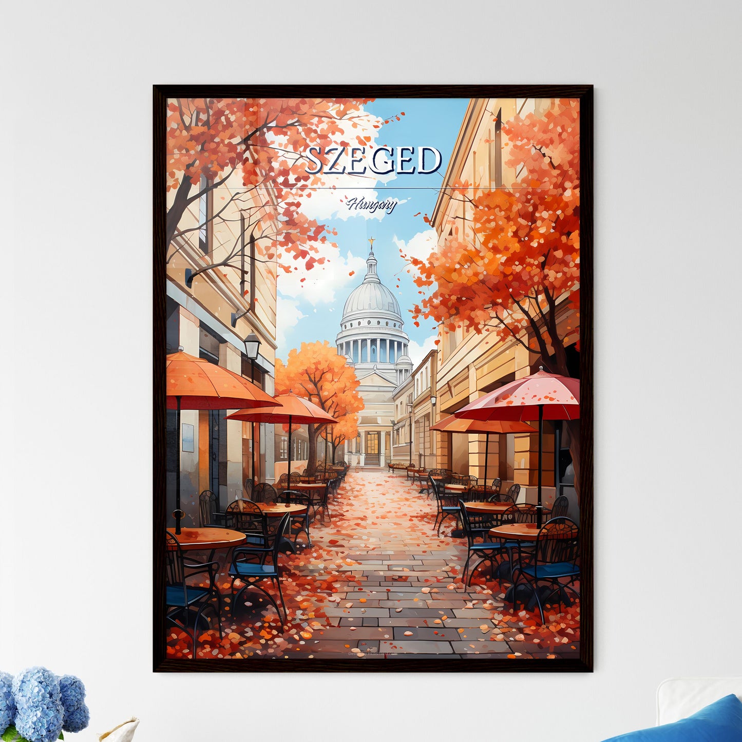 Szeged, Hungary - Art print of a street with tables and umbrellas and a dome in the background Framed Art