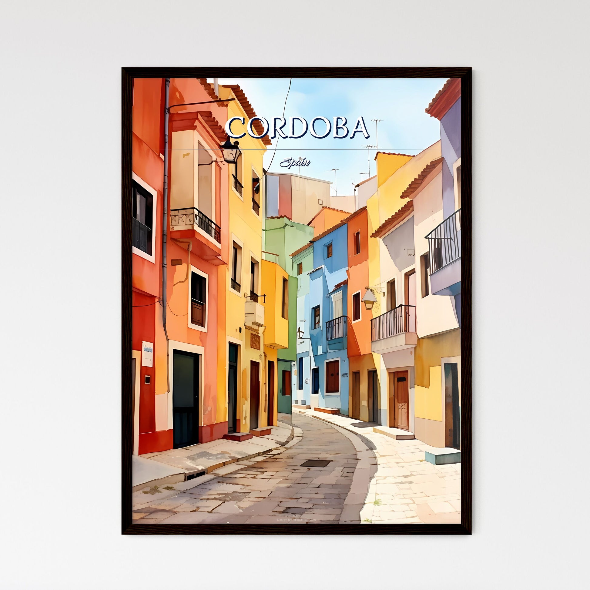 Cordoba, Spain - Art print of a colorful buildings on a street Framed Art