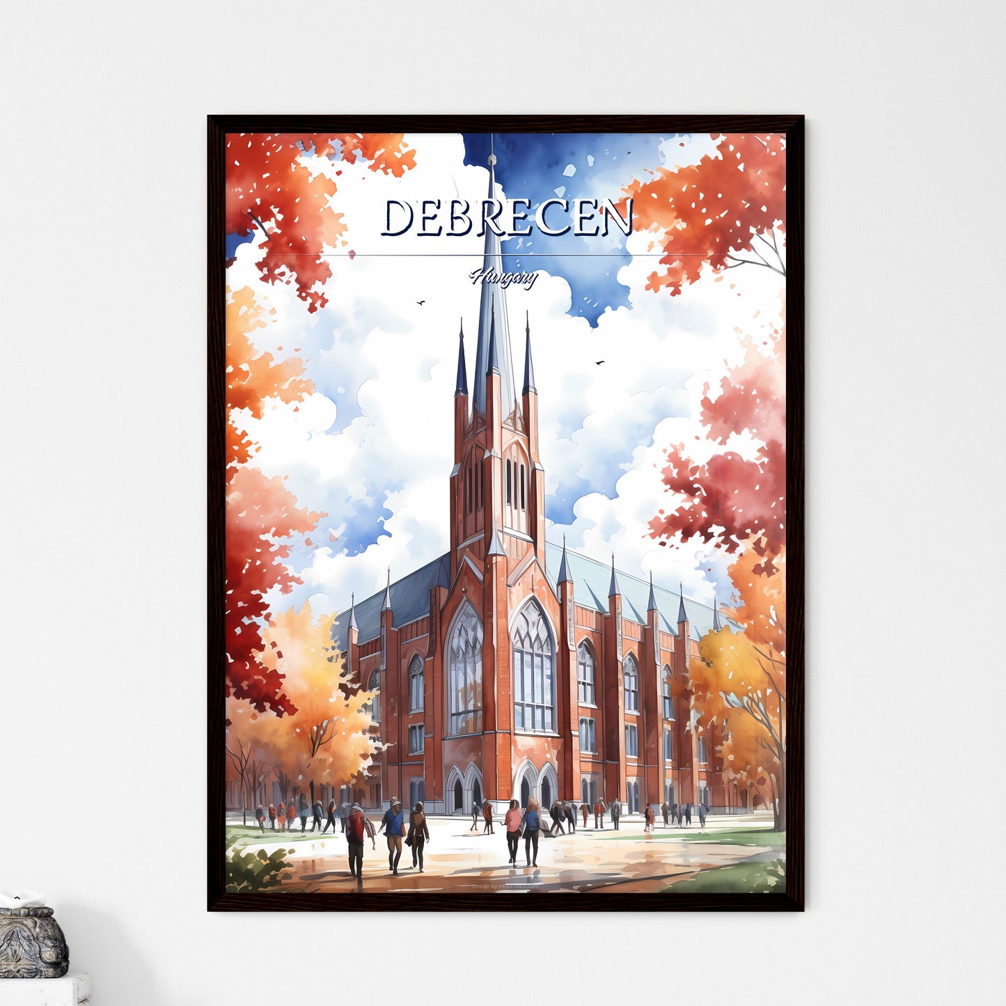 Debrecen, Hungary - Art print of a watercolor of a church with people walking in front of it Framed Art
