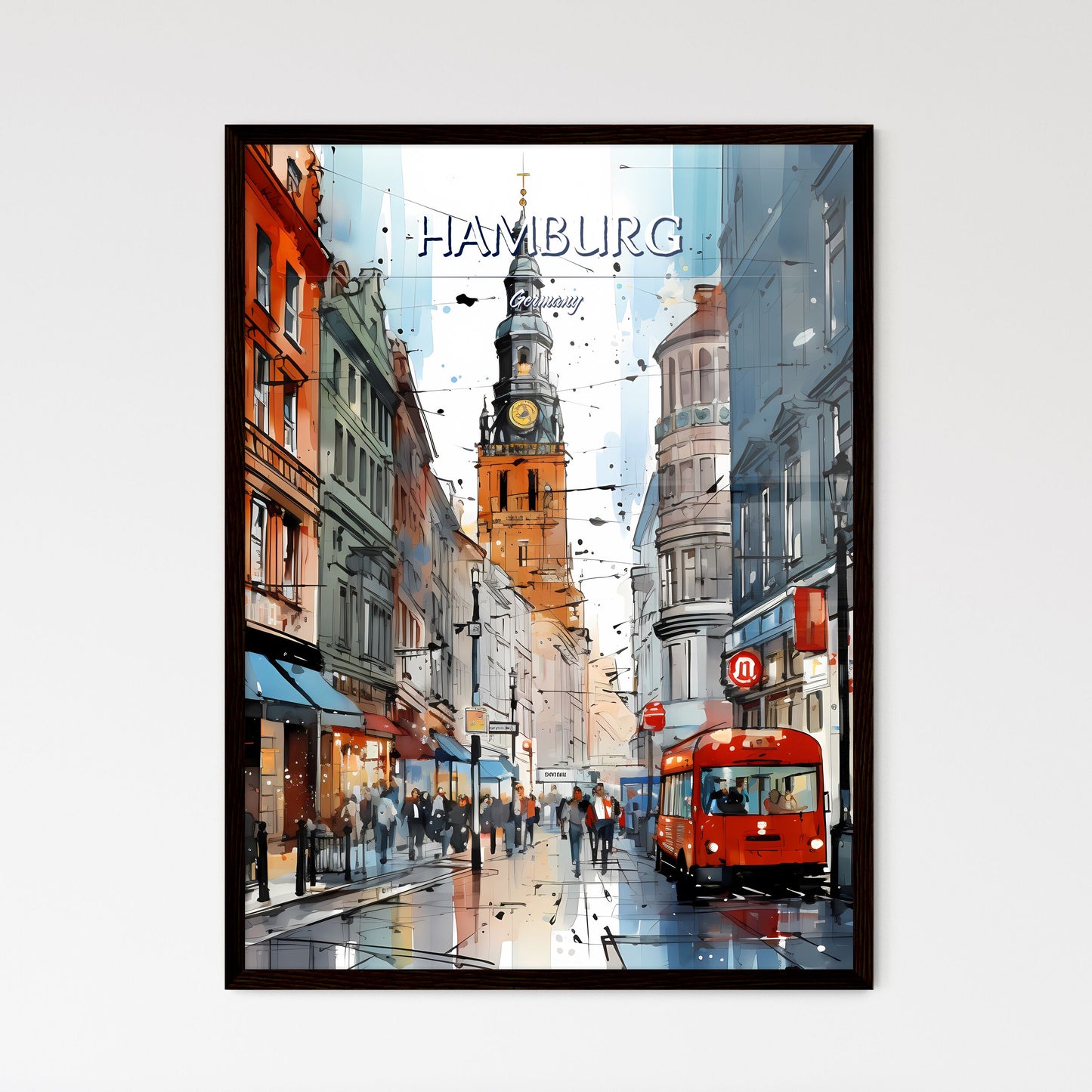 Hamburg, Germany - Art print of a street with a red bus and people walking on it Framed Art