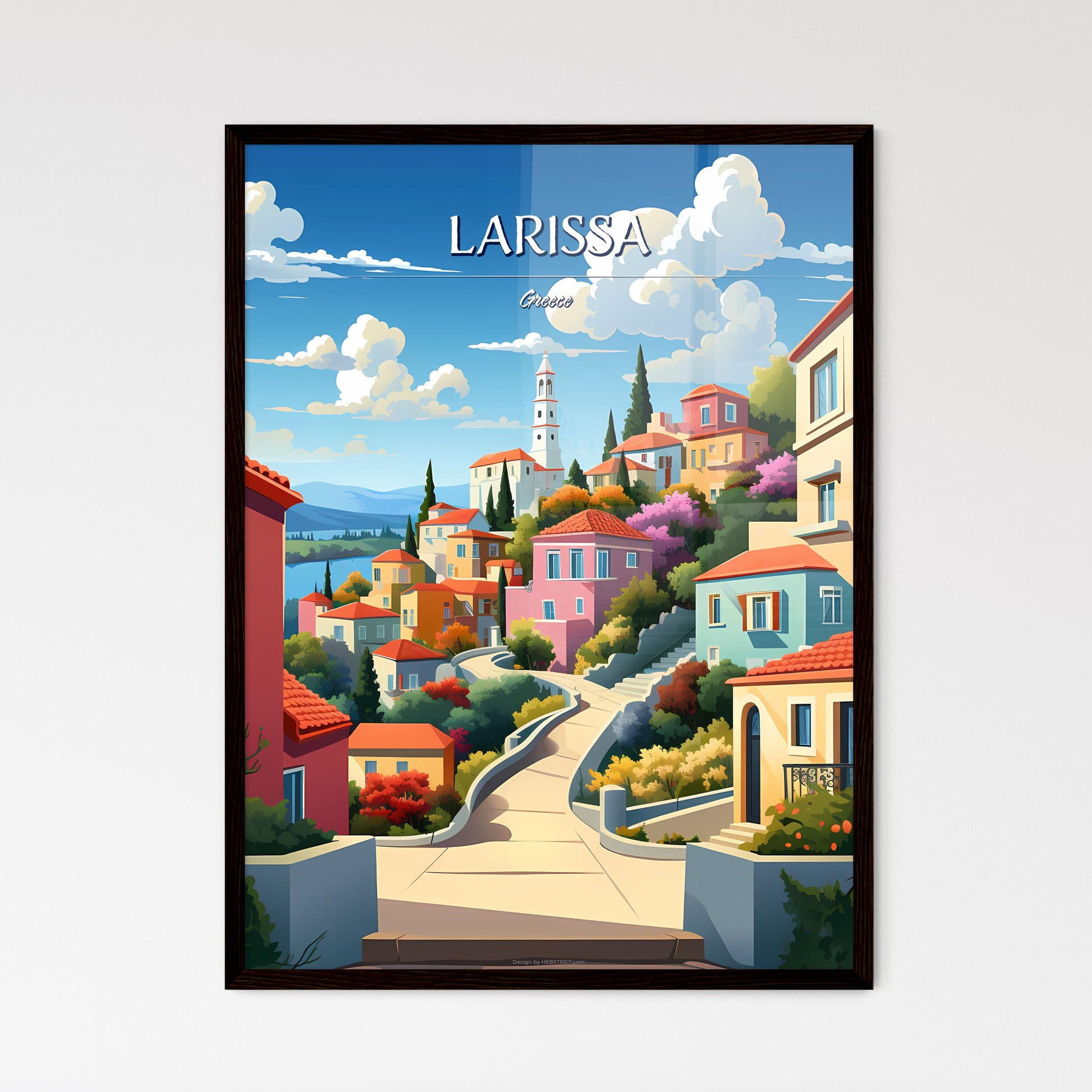Larissa, Greece - Art print of a colorful town with a steep road Framed Art