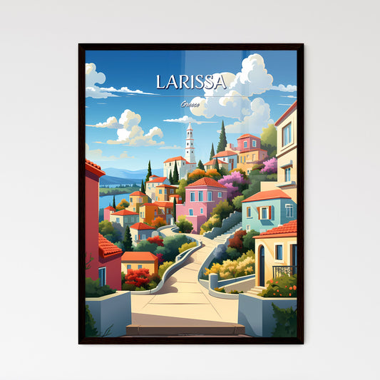 Larissa, Greece - Art print of a colorful town with a steep road Framed Art