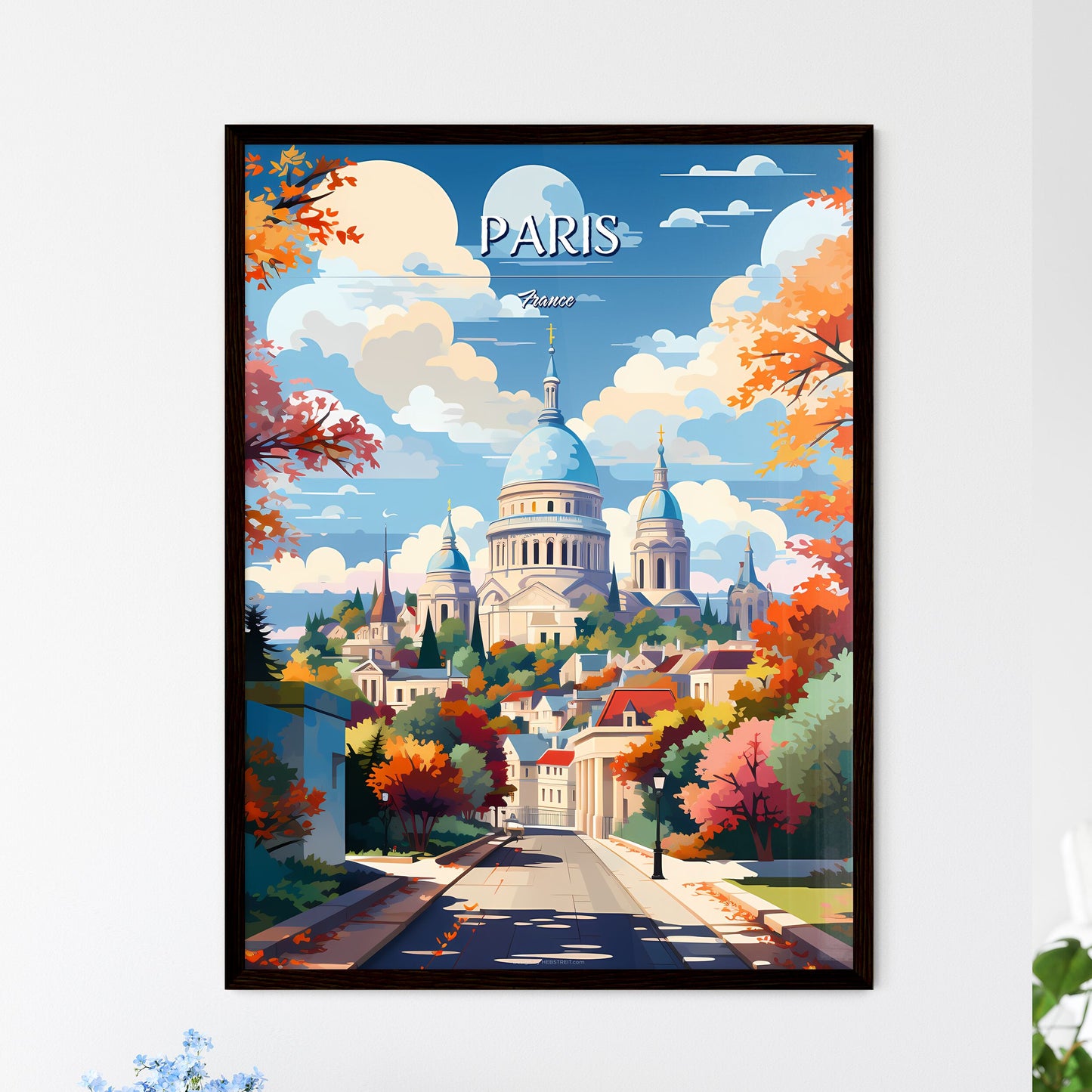 Paris, France - Art print of a street with trees and a building in the background Framed Art
