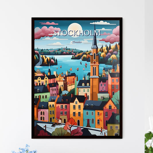 Stockholm, Sweden, - Art print of a painting of a town with a river and trees Framed Art