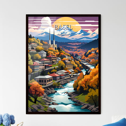 Basel, Switzerland - Art print of a colorful landscape of a town with a river and mountains Framed Art
