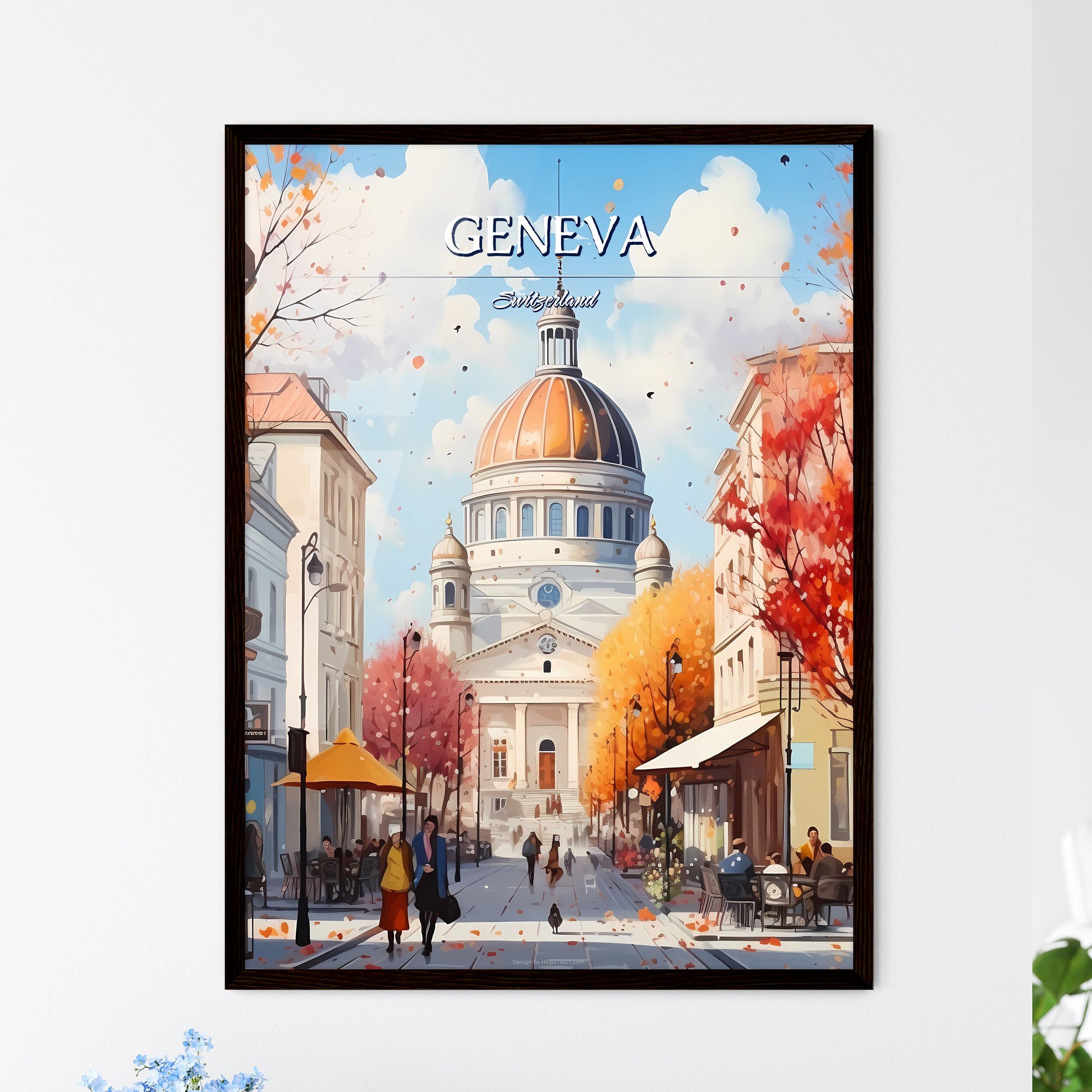 Geneva, Switzerland - Art print of a street with a building and people on it Framed Art
