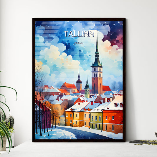 Tallinn, Estonia - Art print of a painting of a town with snow and clouds Framed Art