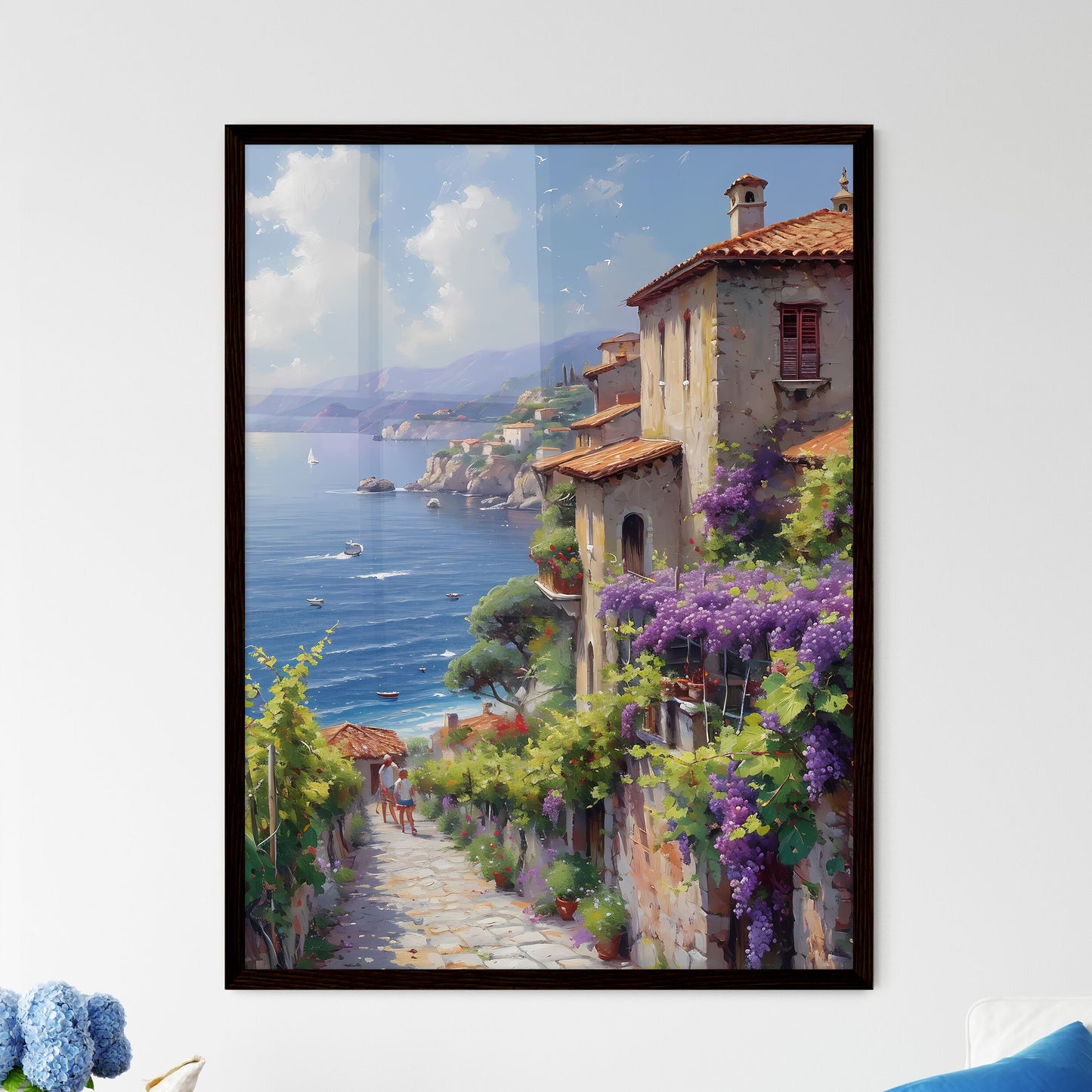 A picture of a Sicilian vineyard - Art print of a painting of a town by the sea Framed Art