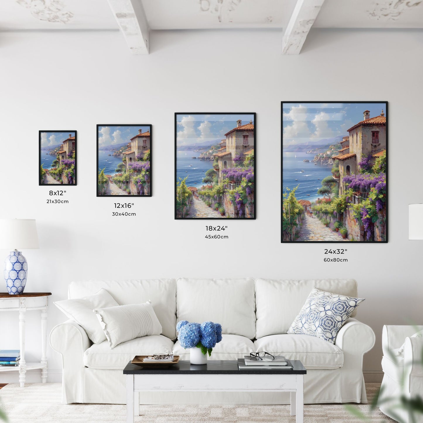 A picture of a Sicilian vineyard - Art print of a painting of a town by the sea Default Title
