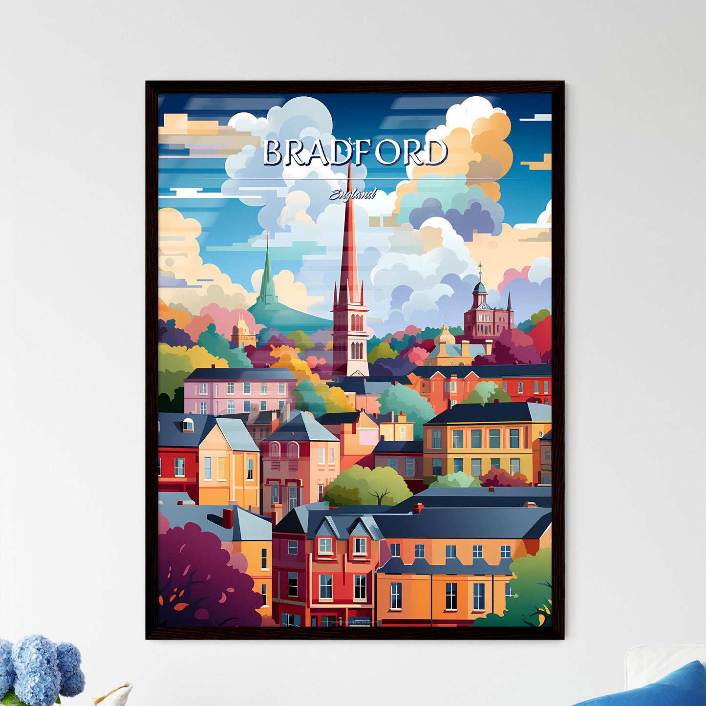 Bradford, England - Art print of a colorful landscape of a town Framed Art