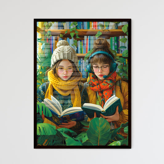 Two trendy young people record a podcast - Art print of two women reading books in a library Default Title