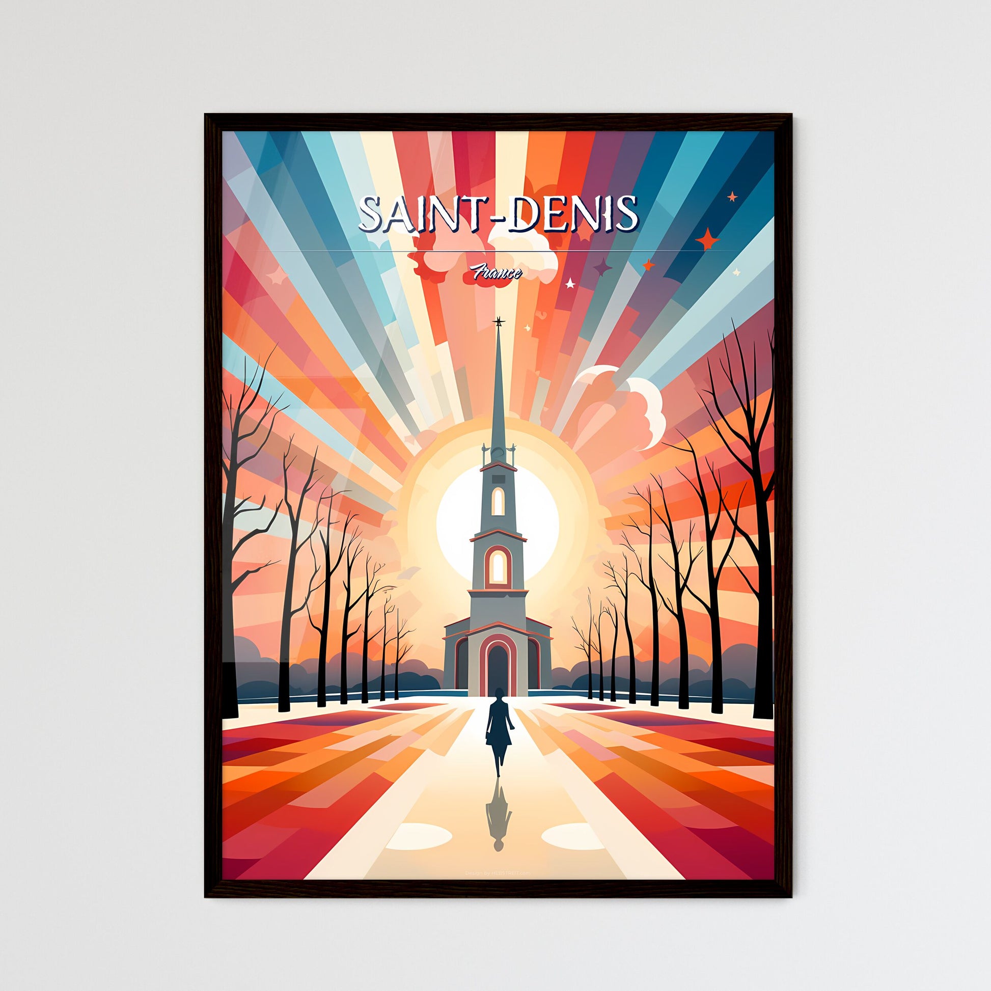 Saint-Denis, France - Art print of a church with a tall tower and a colorful sky Framed Art