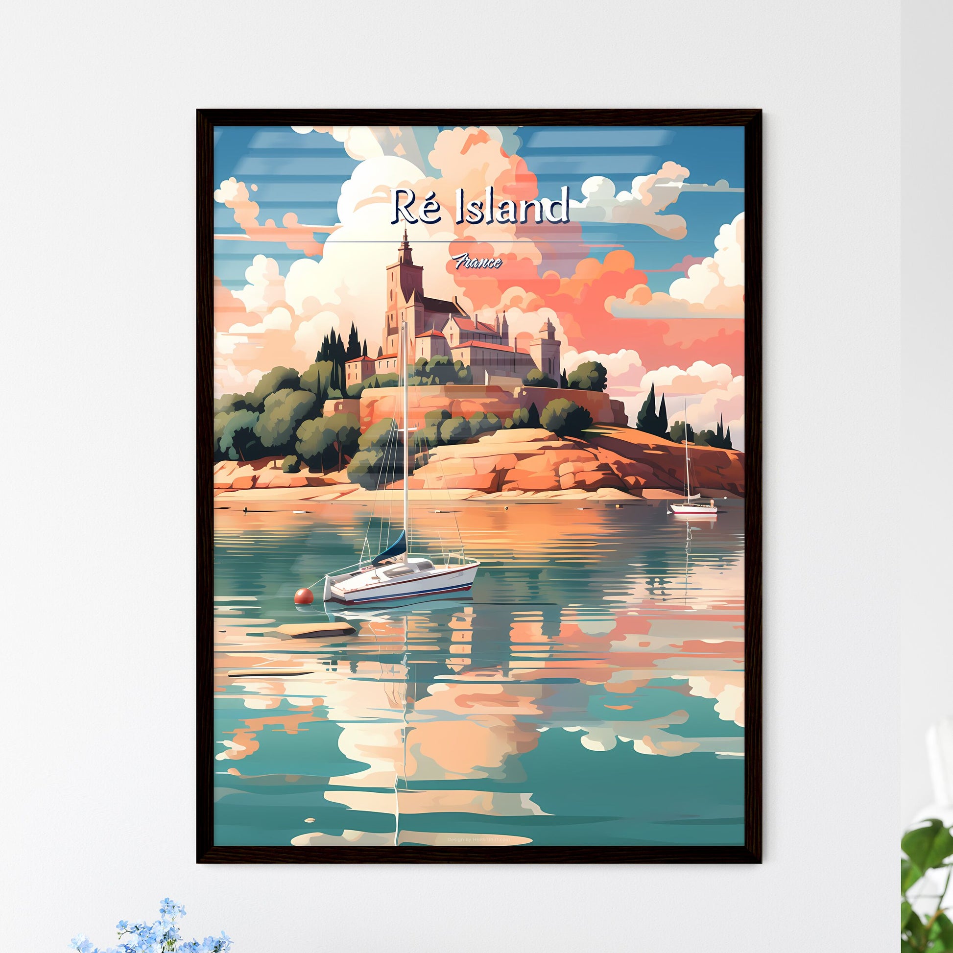 Ré Island, France - Art print of a painting of a castle on a hill with boats in the water Framed Art