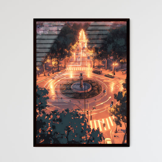 Poster of Barcelona - Art print of a city street with a fountain and cars Framed Art