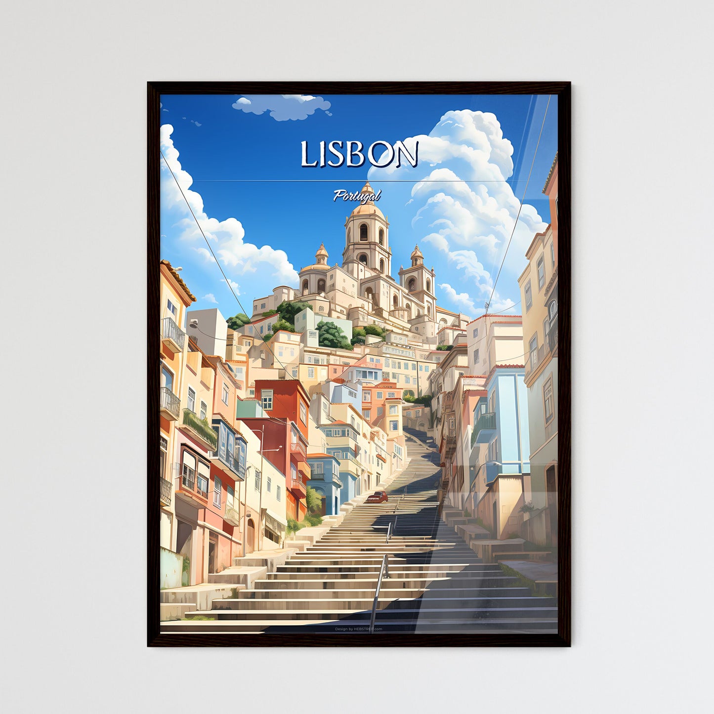 Lisbon, Portugal - Art print of a staircase leading up to a city Framed Art