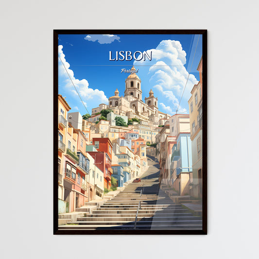 Lisbon, Portugal - Art print of a staircase leading up to a city Framed Art