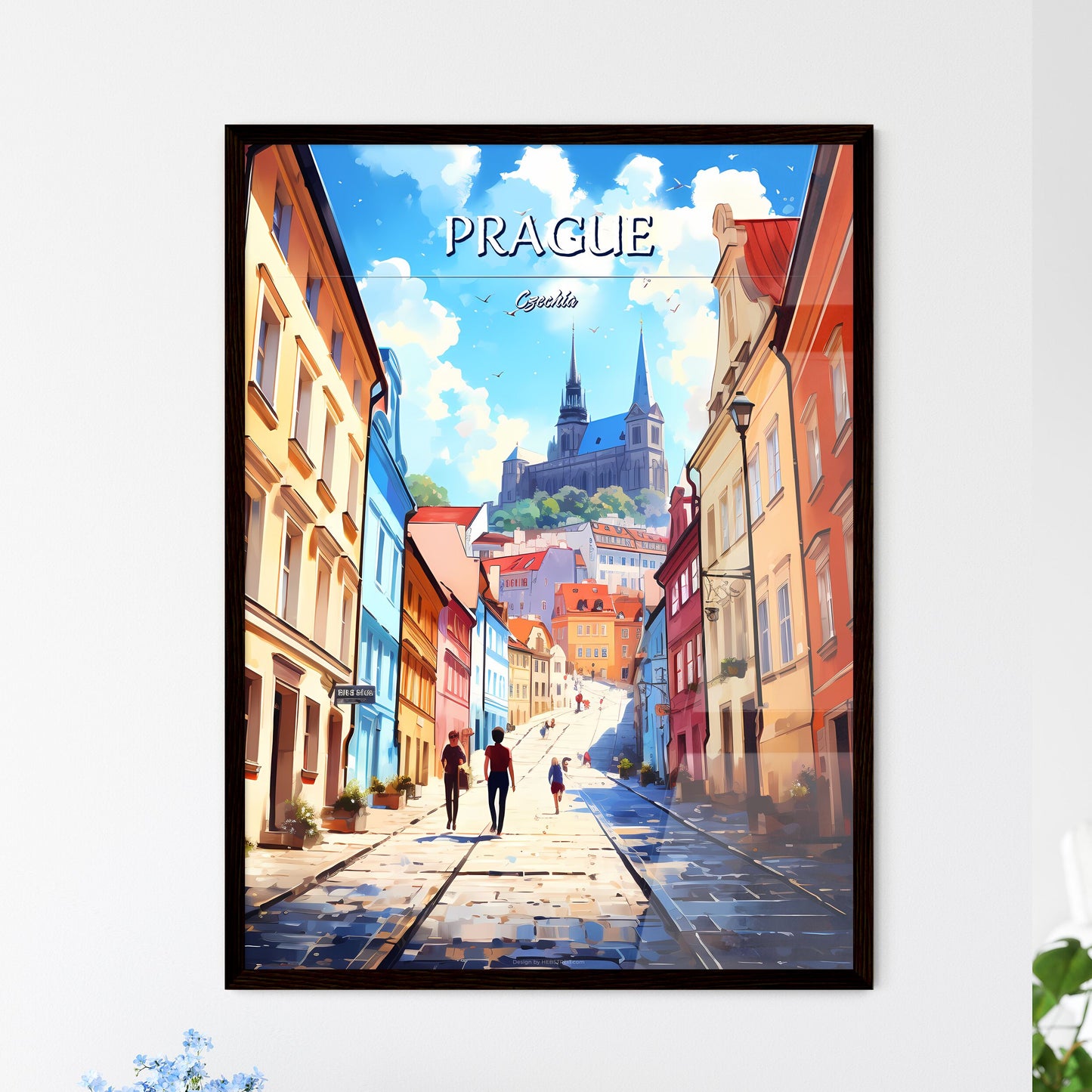 Prague, Czechia - Art print of a street with buildings and people walking on it Framed Art