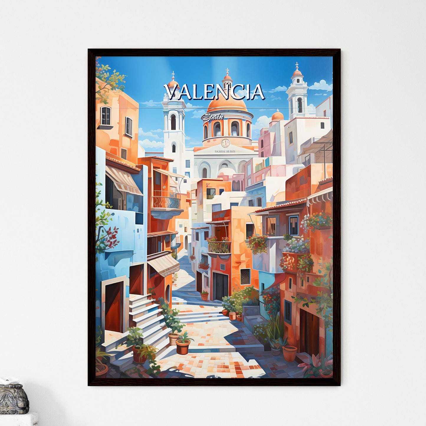 Valencia, Spain - Art print of a painting of a colorful city Framed Art