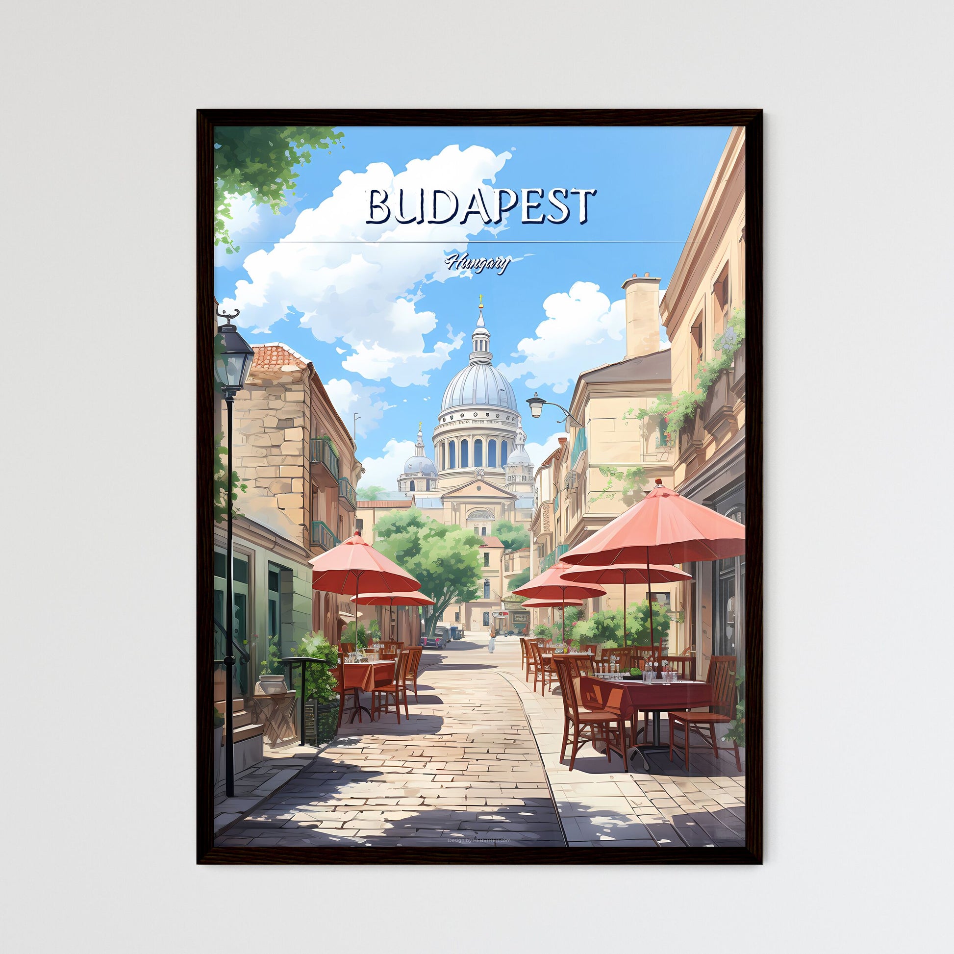 Budapest, Hungary - Art print of a street with tables and umbrellas in front of a building Framed Art