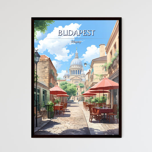 Budapest, Hungary - Art print of a street with tables and umbrellas in front of a building Framed Art