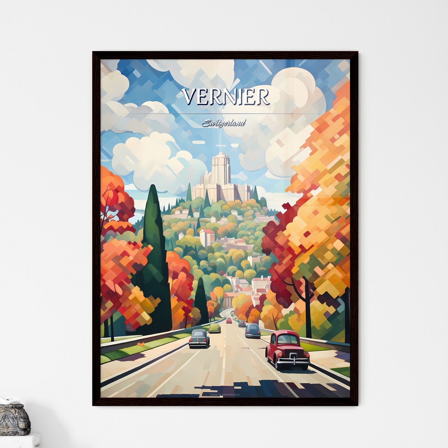 Vernier, Switzerland - Art print of a road with cars and trees on the side Framed Art