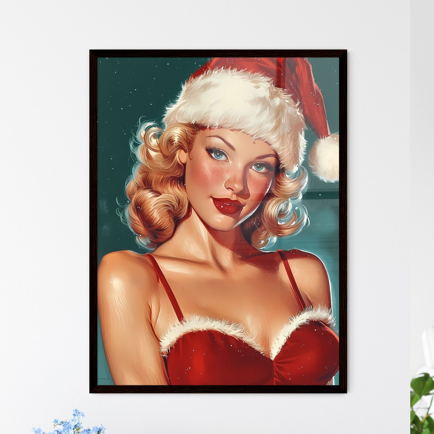 Woman wearing Santa hat - Art print of a wom - Framed Art Print