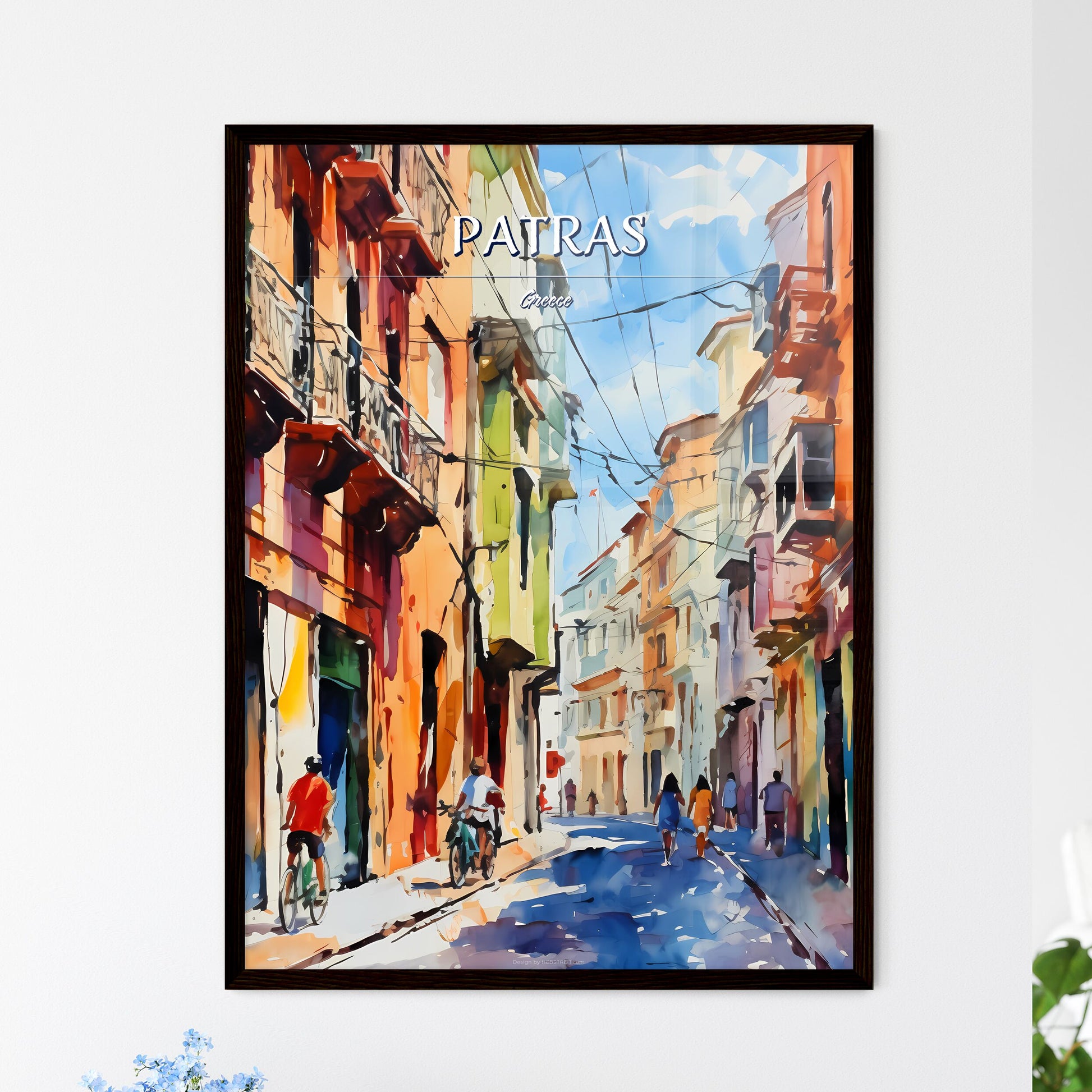 Patras, Greece - Art print of a watercolor painting of a street with buildings and people Framed Art