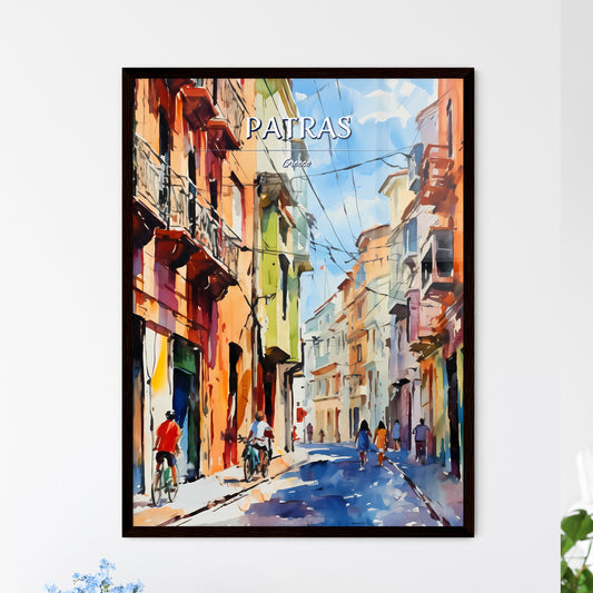 Patras, Greece - Art print of a watercolor painting of a street with buildings and people Framed Art