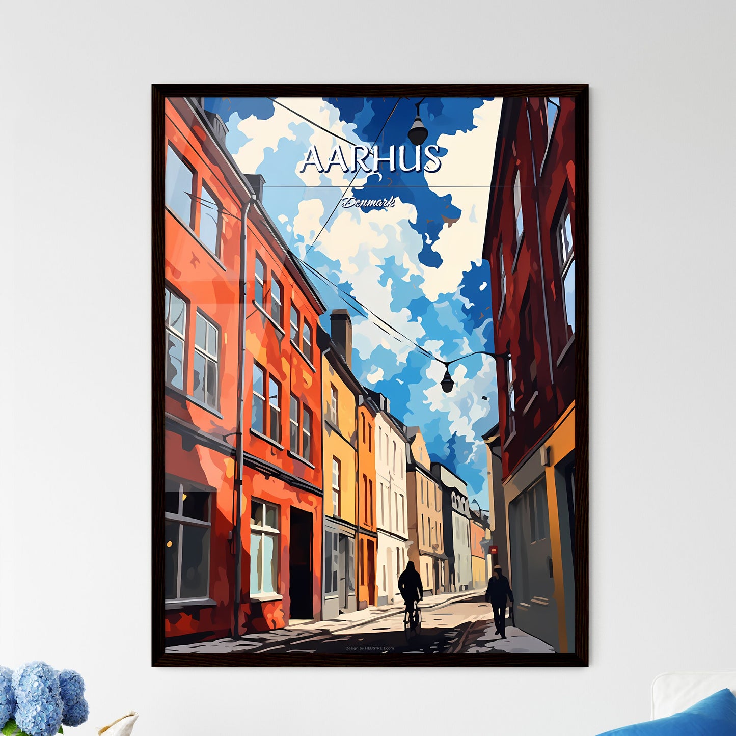 Aarhus, Denmark - Art print of a person walking down a street with buildings Framed Art