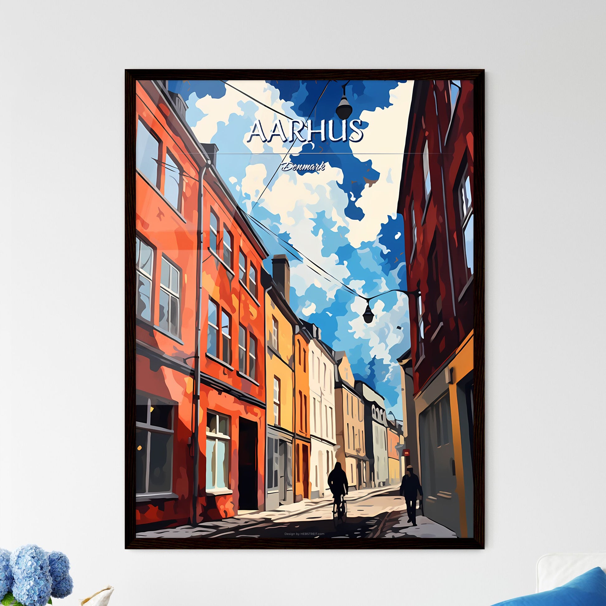 Aarhus, Denmark - Art print of a person walking down a street with buildings Framed Art