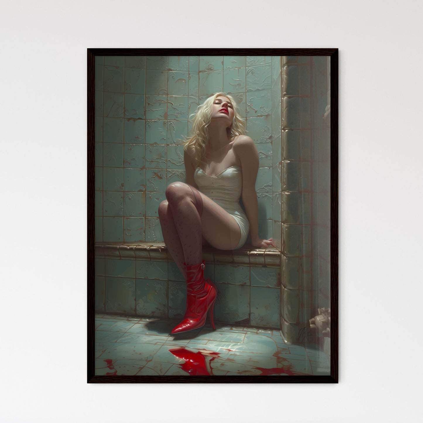 Blonde pin up girl in stockings with red hig - Framed Art Print